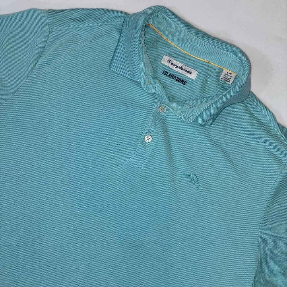 Tommy Bahama Polo Shirt Mens Large L Aqua Blue IslandZone Ribbed Short Sleeve